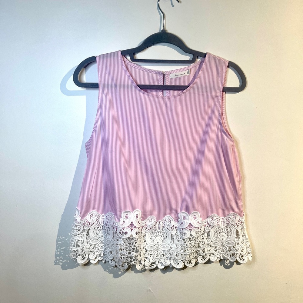Pink Stripe Lace Summer Sleeveless Blouse Top